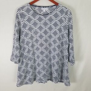 Kim Rogers Shirt Womens Medium White Black Top Seersucker Long Sleeve Round Neck